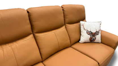 Close-up of the high-quality tan leather and stitching on the 'Irene' 3-seater.