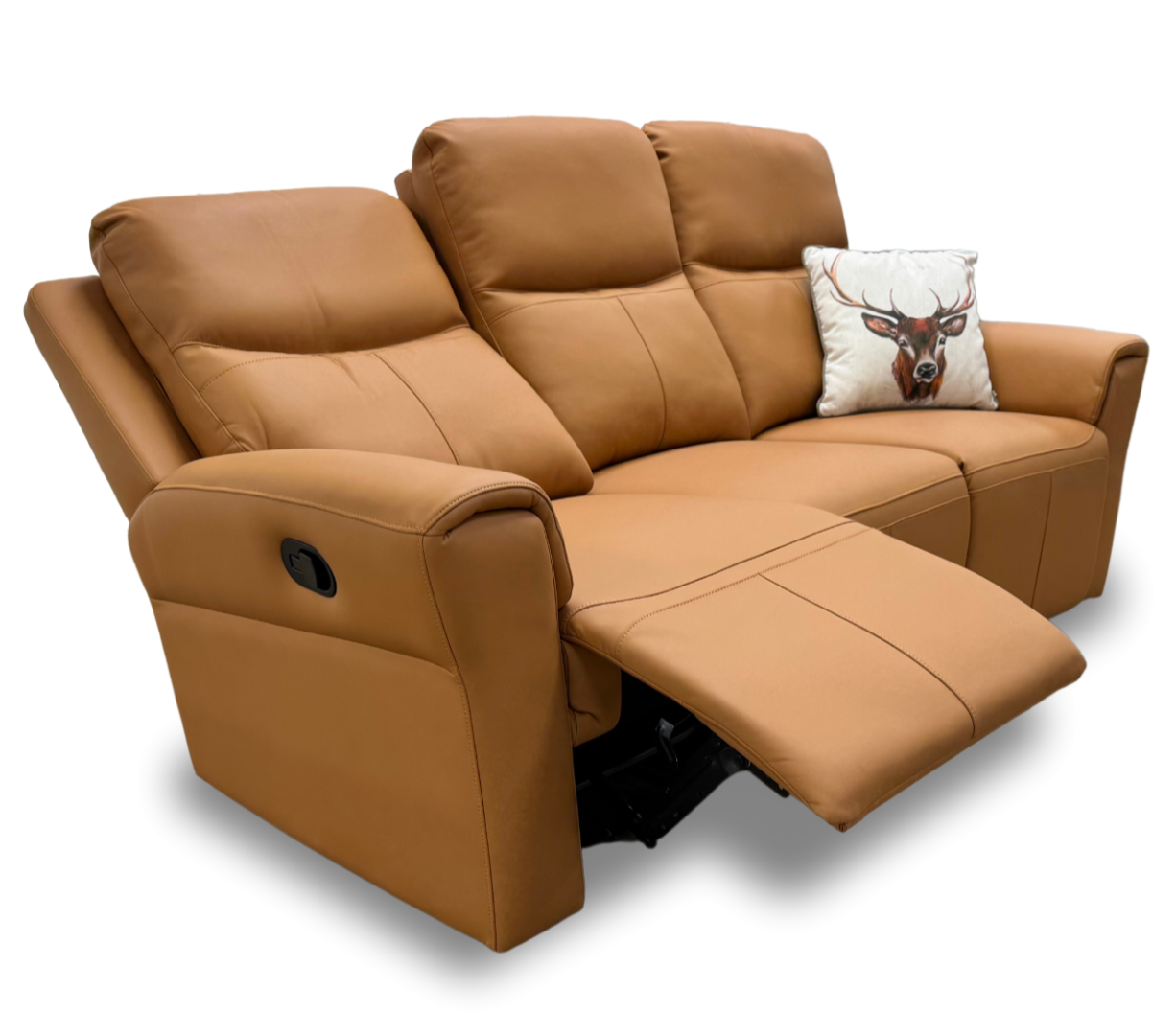 Front view of the 'Irene' 3-seater manual recliner sofa in contemporary tan leather.