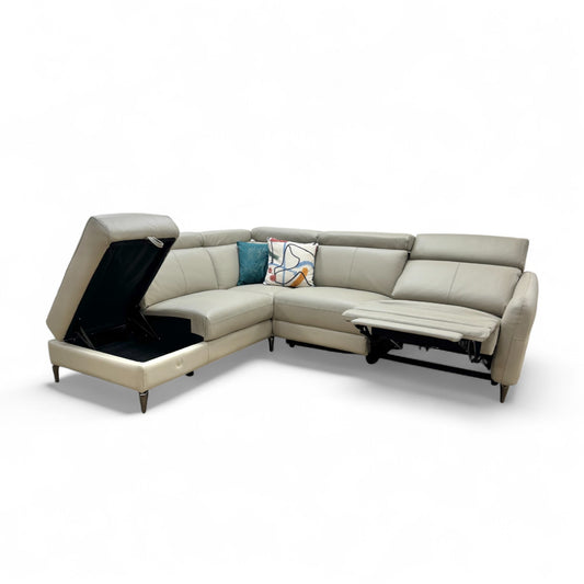 'Nico' Stone Leather Power Recliner Left Hand Facing Chaise Corner Sofa with Storage and Adjustable Headrests