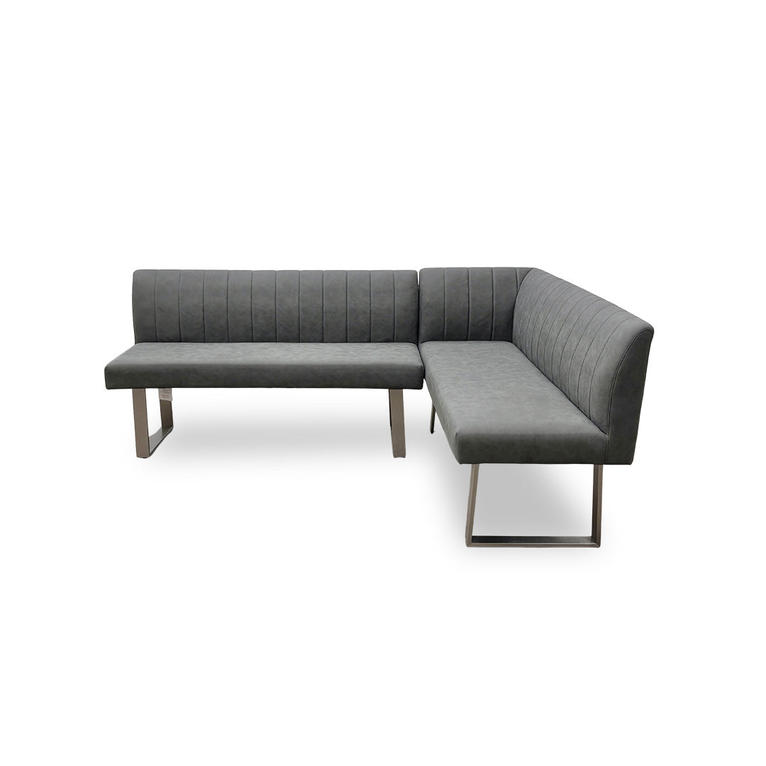 Full front-on view of the 'Grigio' RHF Corner Dining Bench in grey faux leather, highlighting the corner configuration and capacity to seat 5 people.