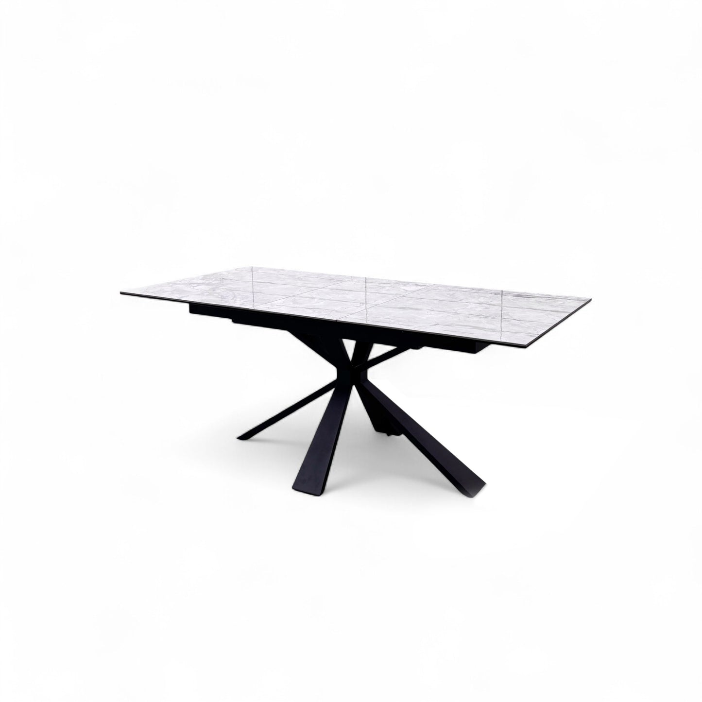 Angled shot of the Crete dining table, emphasizing the unique modern design of the black powder-coated metal base.