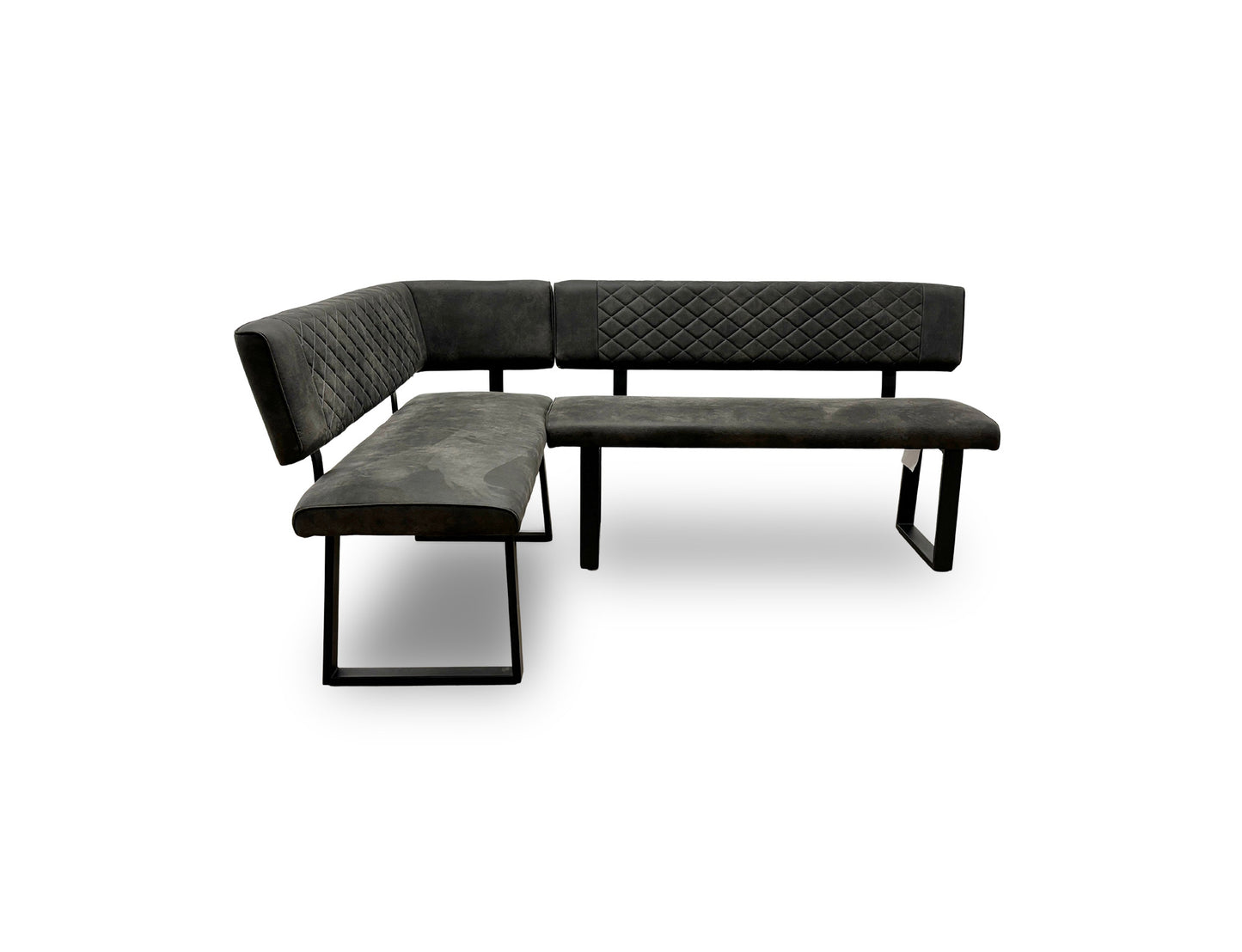 Full view of the 'Warrior' Left-Hand-Facing corner dining bench, upholstered in grey fabric with quilted-effect stitching and supported by U-shaped metal legs.