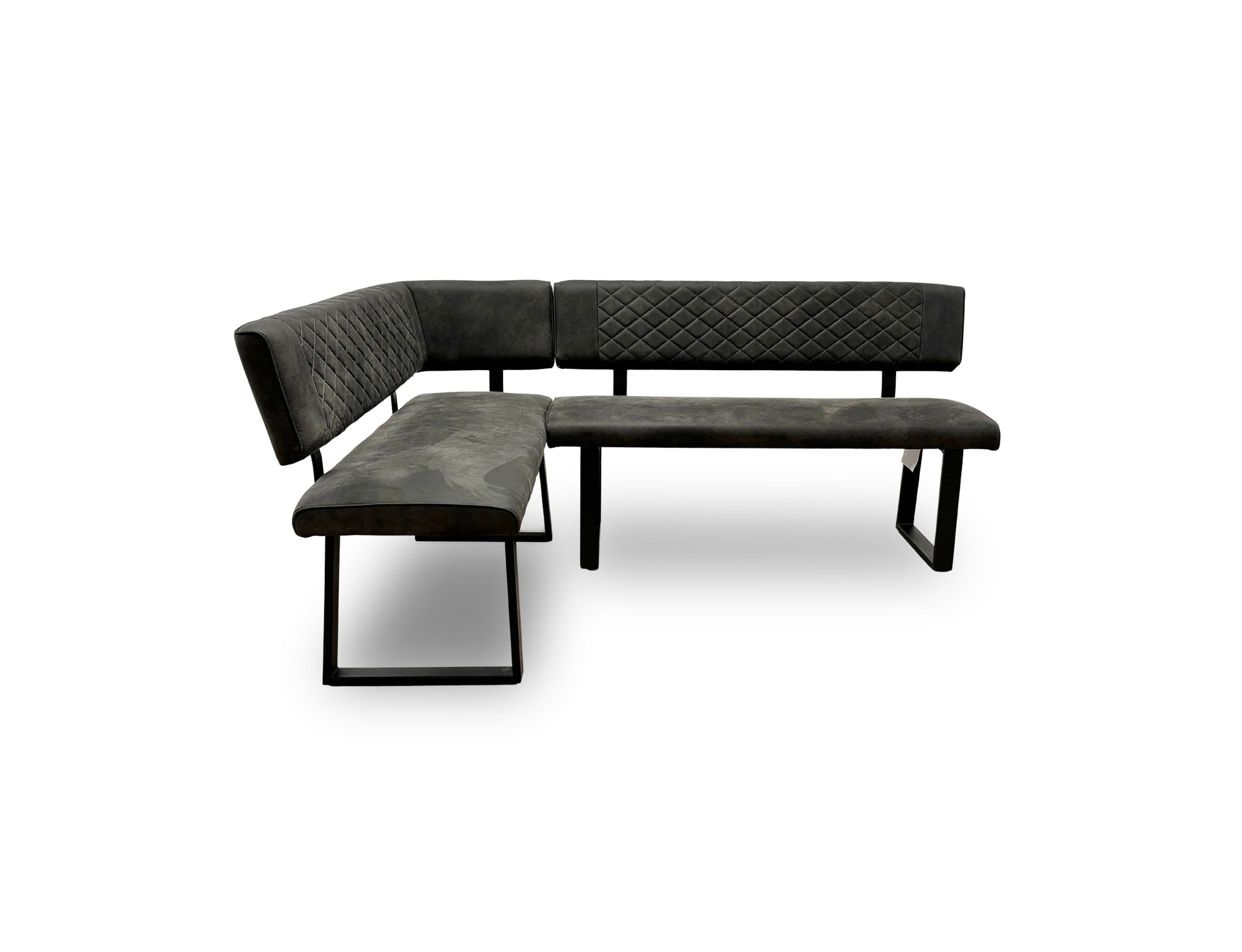 Full view of the 'Warrior' Left-Hand-Facing corner dining bench, upholstered in grey fabric with quilted-effect stitching and supported by U-shaped metal legs.