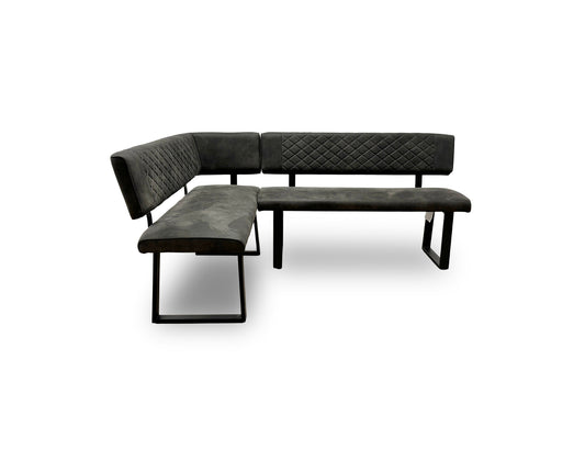 Full view of the 'Warrior' Left-Hand-Facing corner dining bench, upholstered in grey fabric with quilted-effect stitching and supported by U-shaped metal legs.