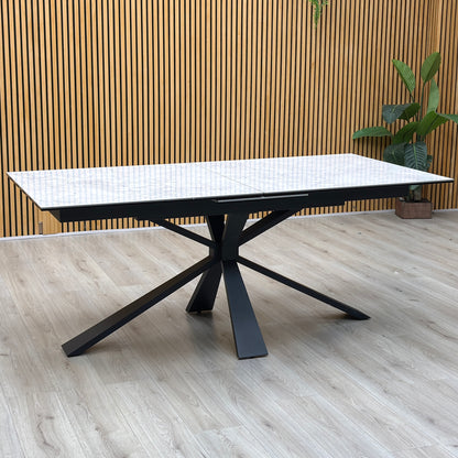'Crete' Ceramic Top 180cm Large Extending Dining Table with Silver Fabric Set of 6 Swivel Dining Chairs