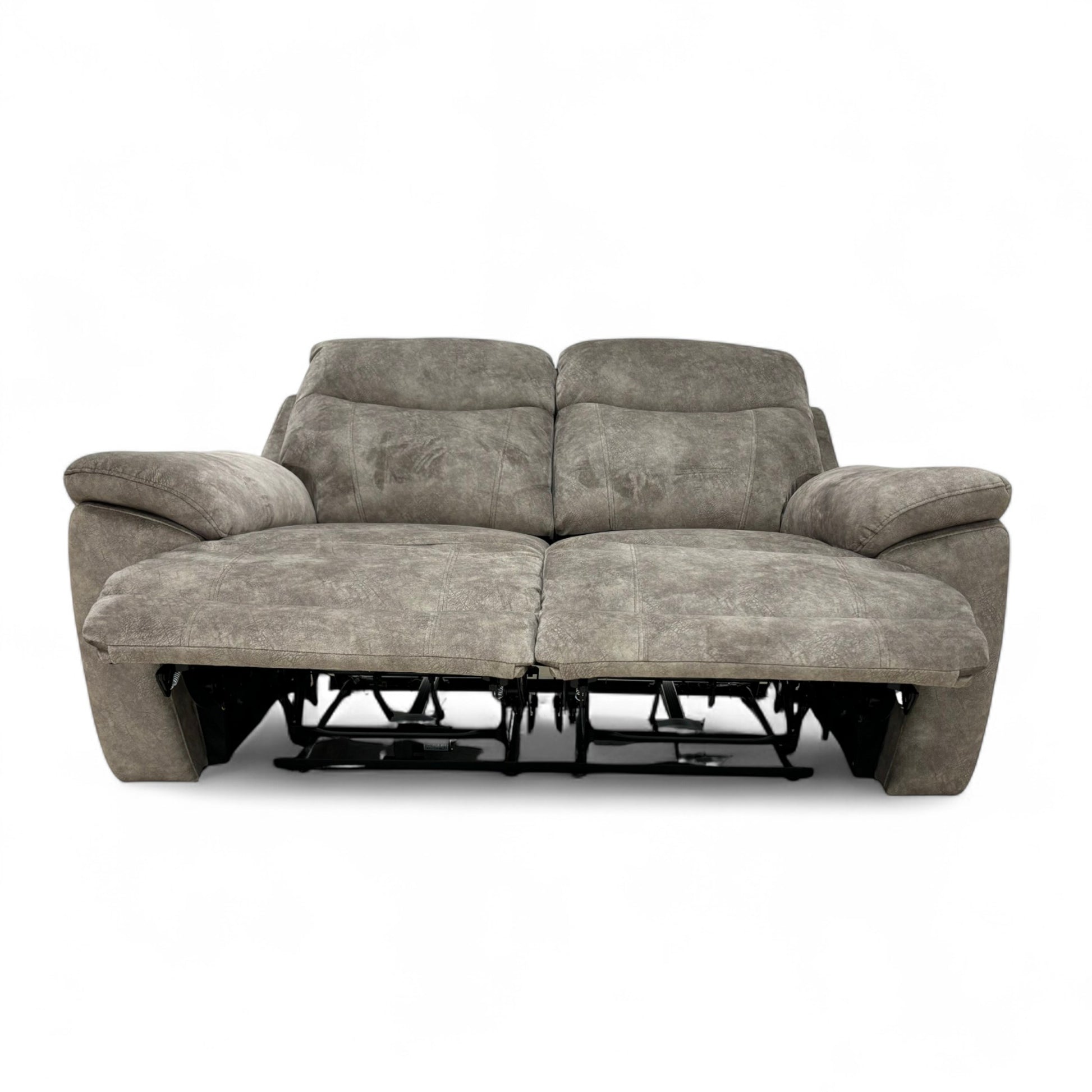 Straight-on front view of the Sloane Power Recliner, showing the split back cushions and padded armrests in the closed, upright position.