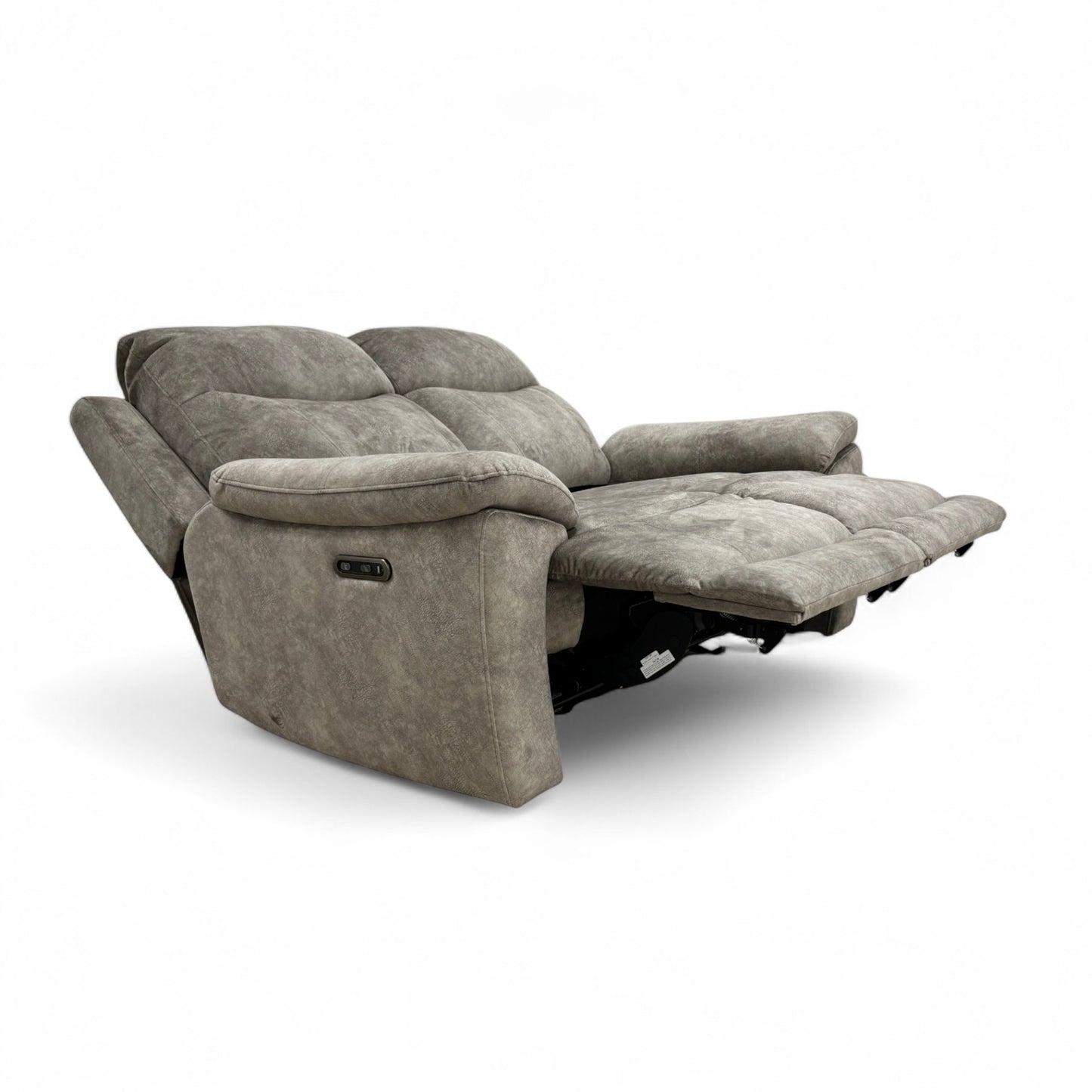 Full angled view of the Sloane 2 Seater Power Recliner Sofa upholstered in luxurious Marble Charcoal Grey Velvet, showcasing its modern design.