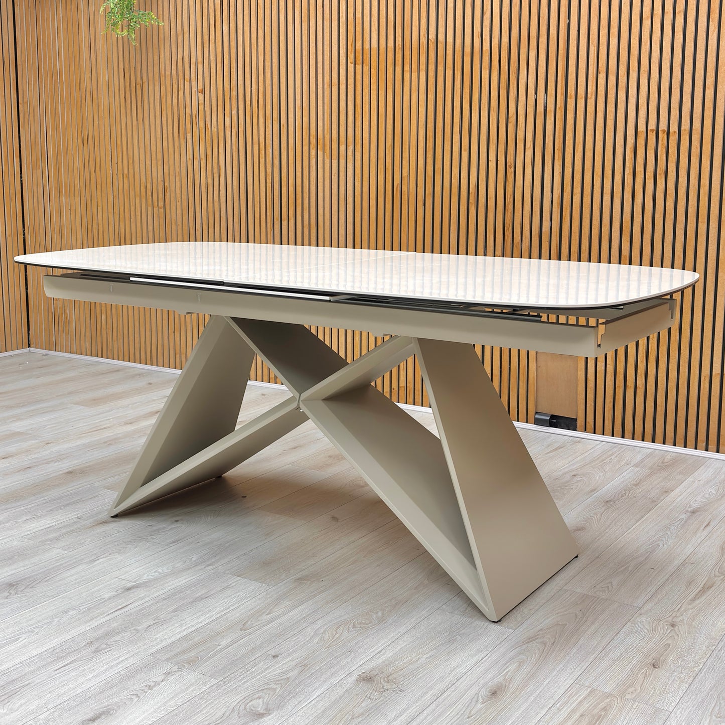 ‘Mirage’ Ceramic Top 180cm Large Pop Up Extending Dining Table with Neutral Fabric Swivel Armless Dining Chairs – view 3