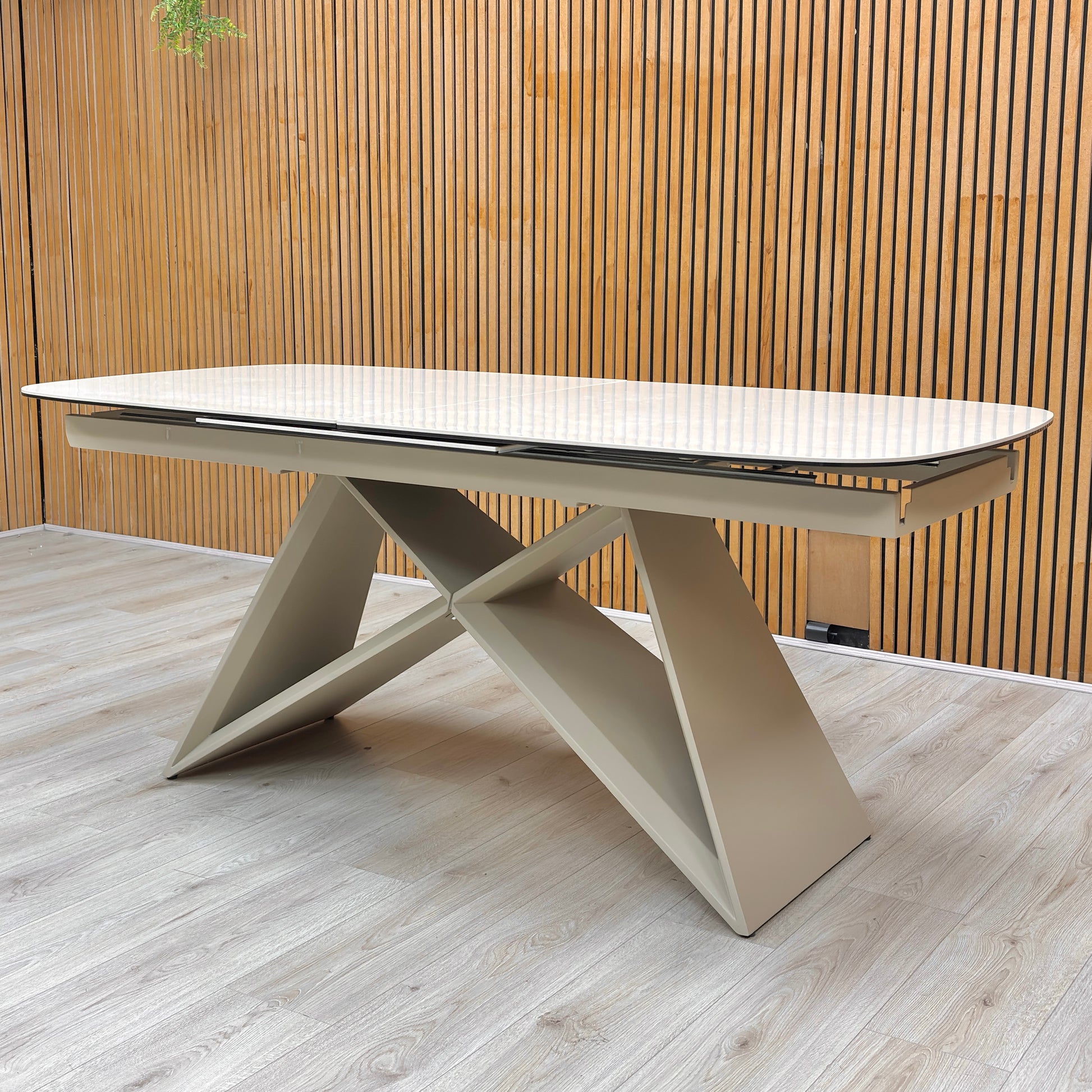 ‘Mirage’ Ceramic Top 180cm Large Pop Up Extending Dining Table with Neutral Fabric Swivel Armless Dining Chairs – view 3