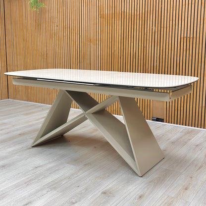 ‘Mirage’ Ceramic Top 180cm Large Pop Up Extending Dining Table with Neutral Fabric Swivel Armless Dining Chairs – view 3