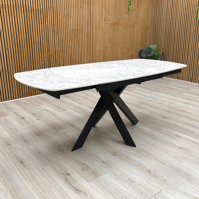 'Warrior' Crystal White Ceramic Top 120cm Swivel Extending Dining Table with Charcoal Grey Fabric Right Hand Facing Corner Bench & Taupe Fabric Cantilever Dining Chairs Set of 2