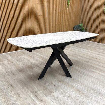 'Warrior' Crystal White Ceramic Top 120cm Swivel Extending Dining Table with Charcoal Grey Fabric Right Hand Facing Corner Bench & Taupe Fabric Cantilever Dining Chairs Set of 2