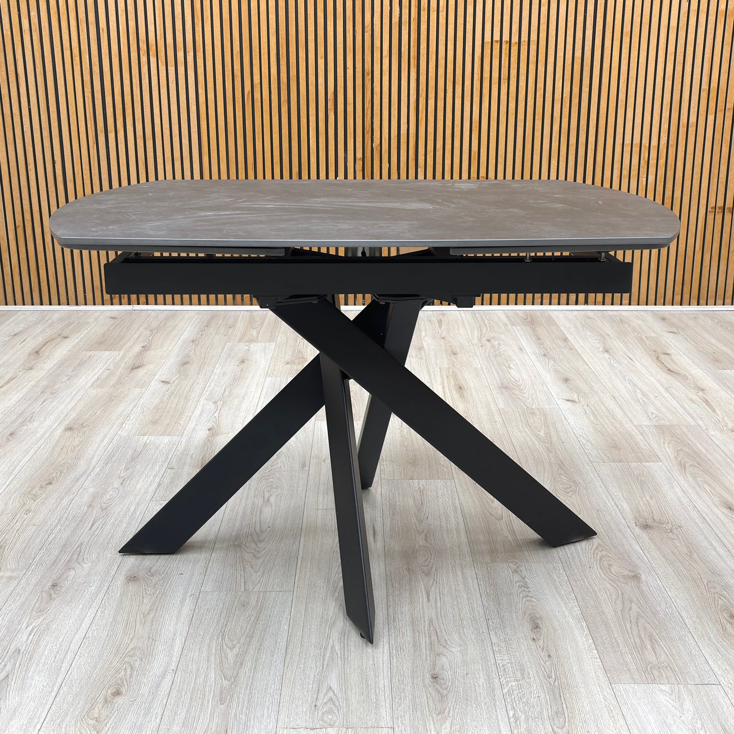 'Warrior' Grey Sintered Stone Swivel Extending Dining Table with Charcoal Grey Fabric Standard Dining Chairs - Set of 4 Furniture Village