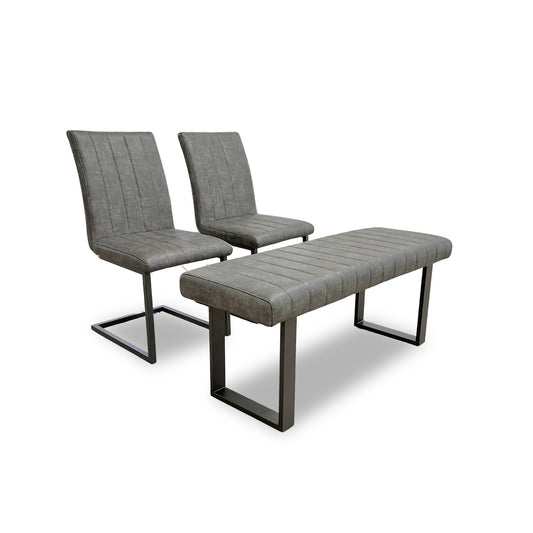 ‘Brooklyn' Grey Upholstered Low Bench + 2 Dining Chairs