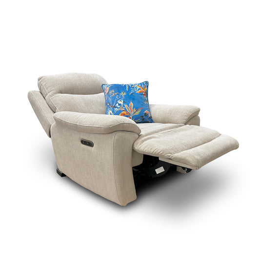 The 'Sloane' Power Recliner Chair in a fully reclined position, extending the footrest and tilting the back for maximum comfort.