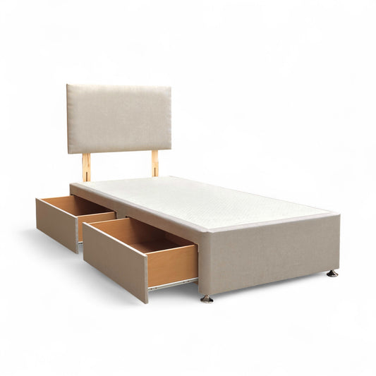 Full view of the Highgrove ‘Roma’ Single Bed featuring a Venice mink fabric headboard and a 2-drawer divan base for practical storage.