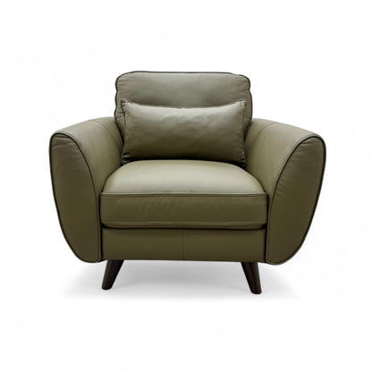 Frontal view of the 'Ava' khaki green leather armchair, showcasing its single-seat cushion and deep foam fill.