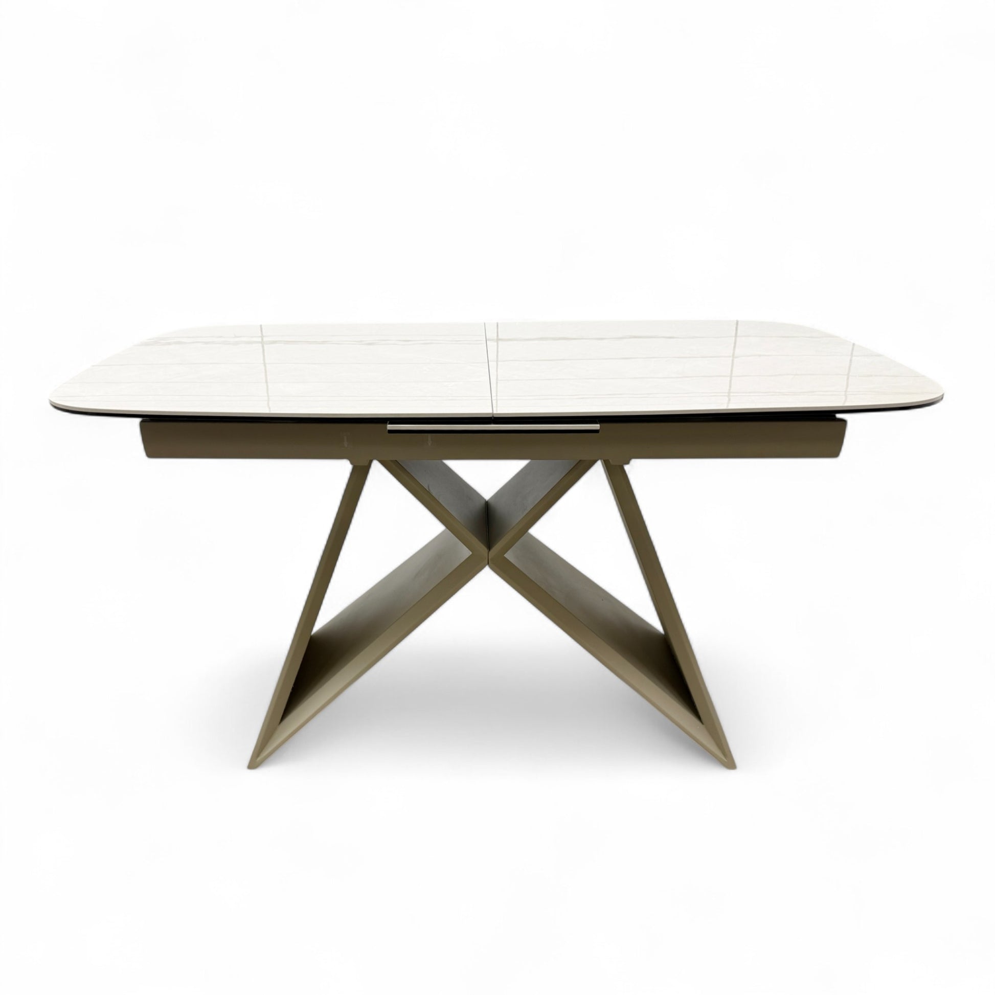 Detail view of the travertine marble-inspired texture on the sophisticated neutral ceramic surface.
