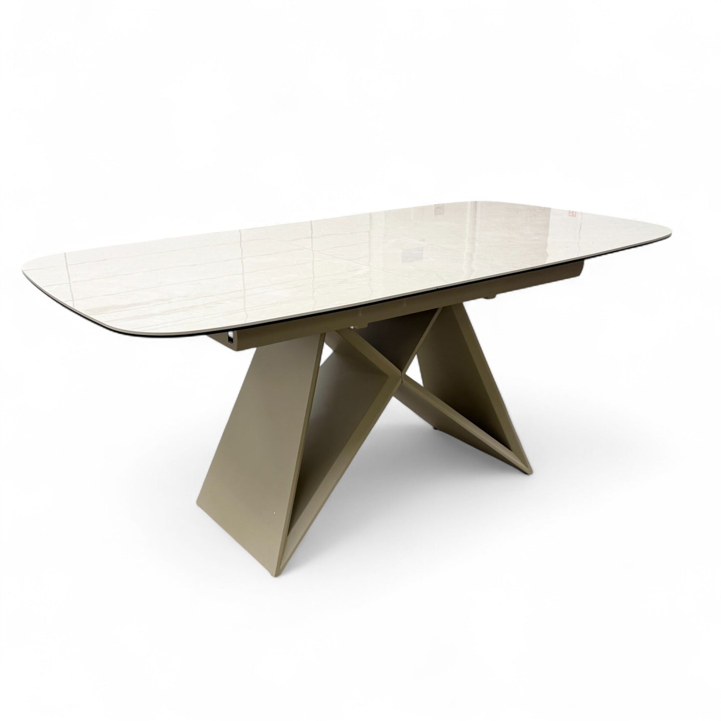 View of the architectural table legs and powder-coated base structure.