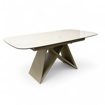 View of the architectural table legs and powder-coated base structure.