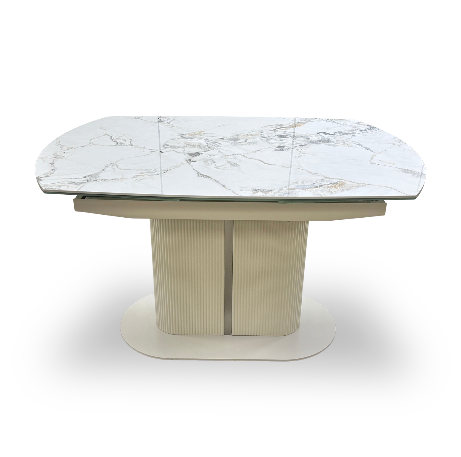 Front-facing view of the Avorio swivel extending dining table, showcasing its glossy white marble-effect ceramic top and a modern pedestal base with a fluted texture.