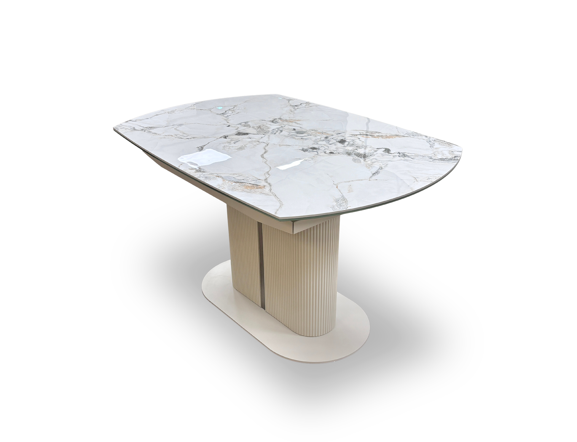 Side profile view of the table, emphasizing the sleek, slim profile of the ceramic-on-glass tabletop and the architectural curves of the central fluted pedestal.