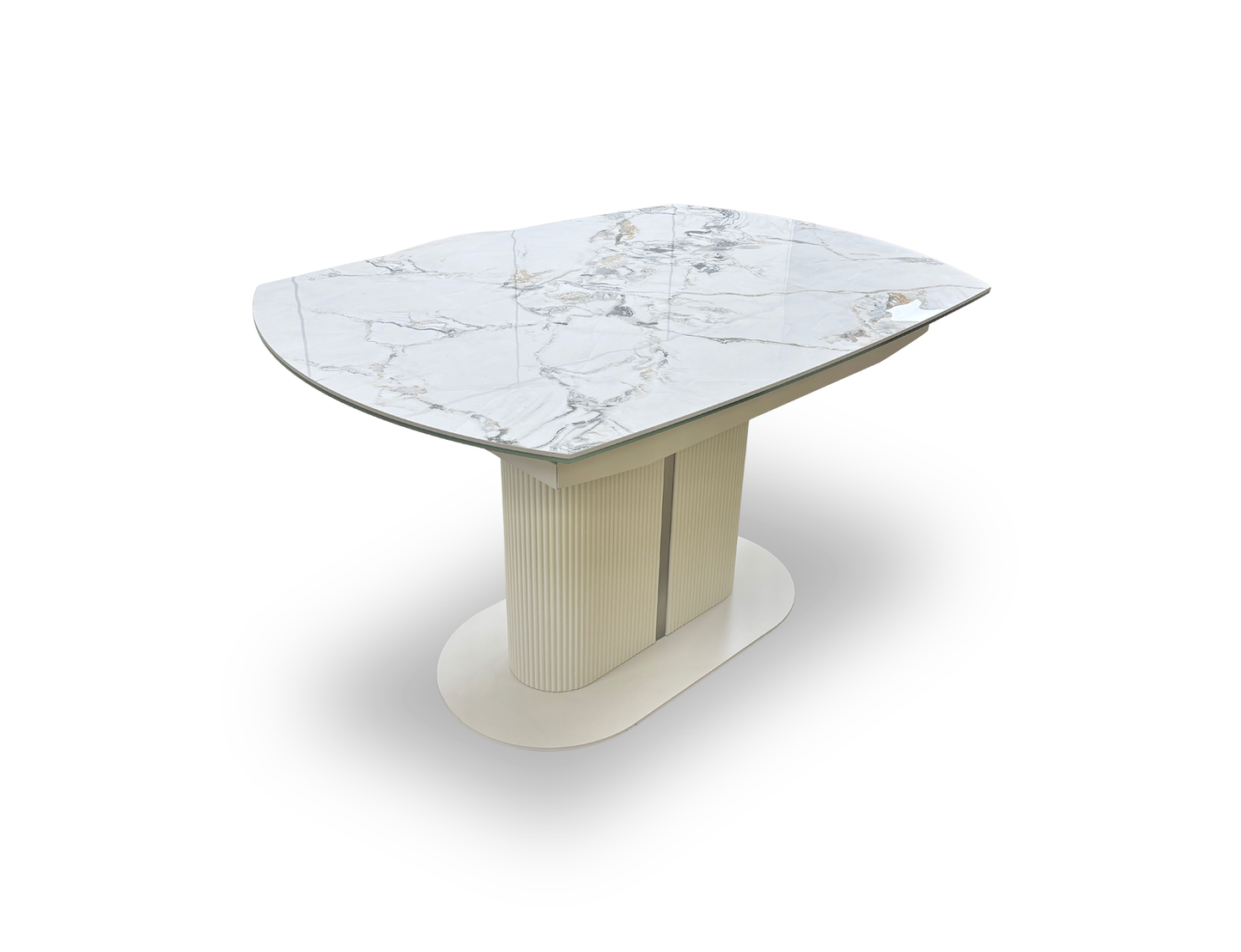 Side profile view of the table, emphasizing the sleek, slim profile of the ceramic-on-glass tabletop and the architectural curves of the central fluted pedestal.