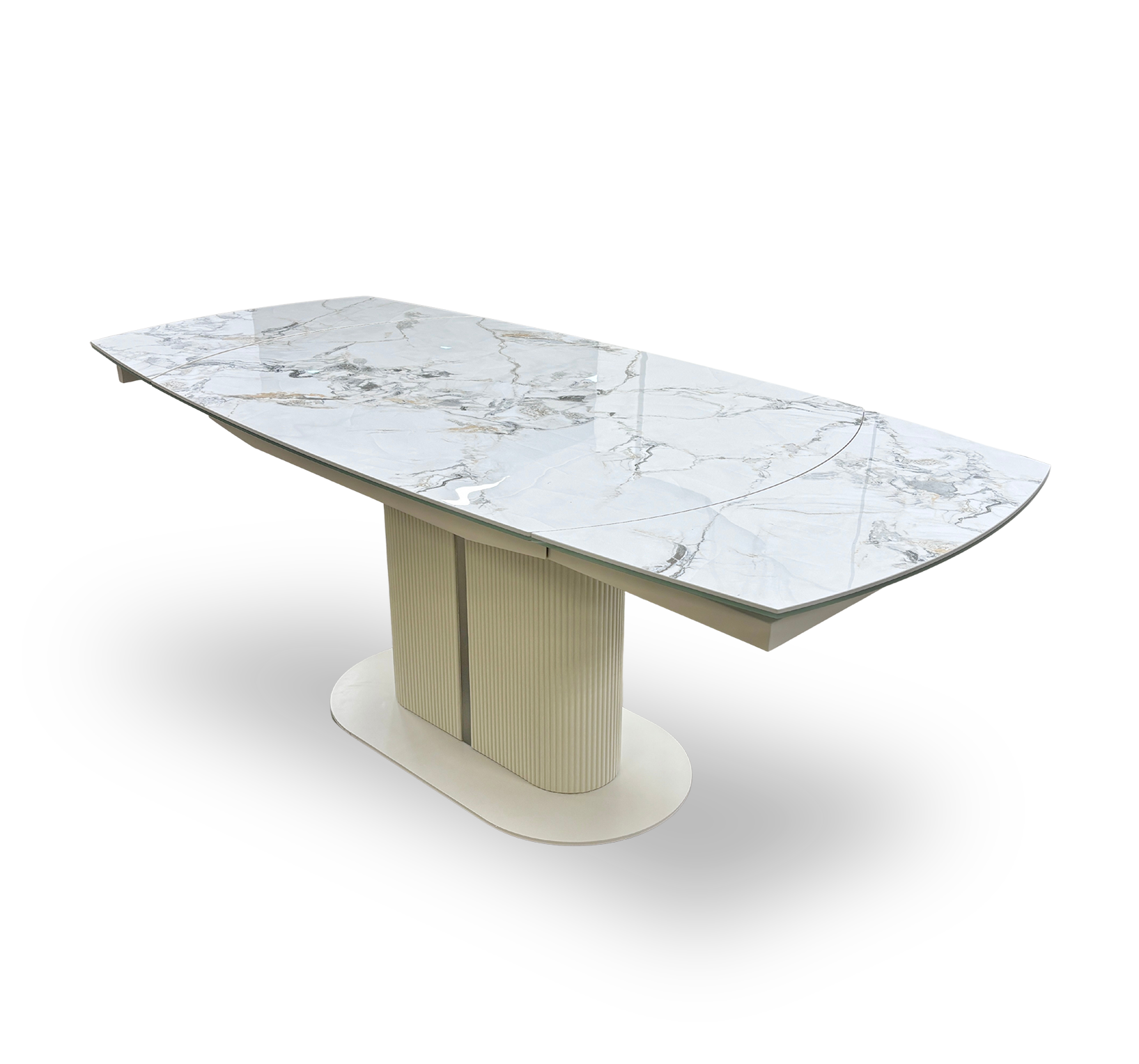Side profile view of the table, emphasizing the sleek, slim profile of the ceramic-on-glass tabletop and the architectural curves of the central fluted pedestal.