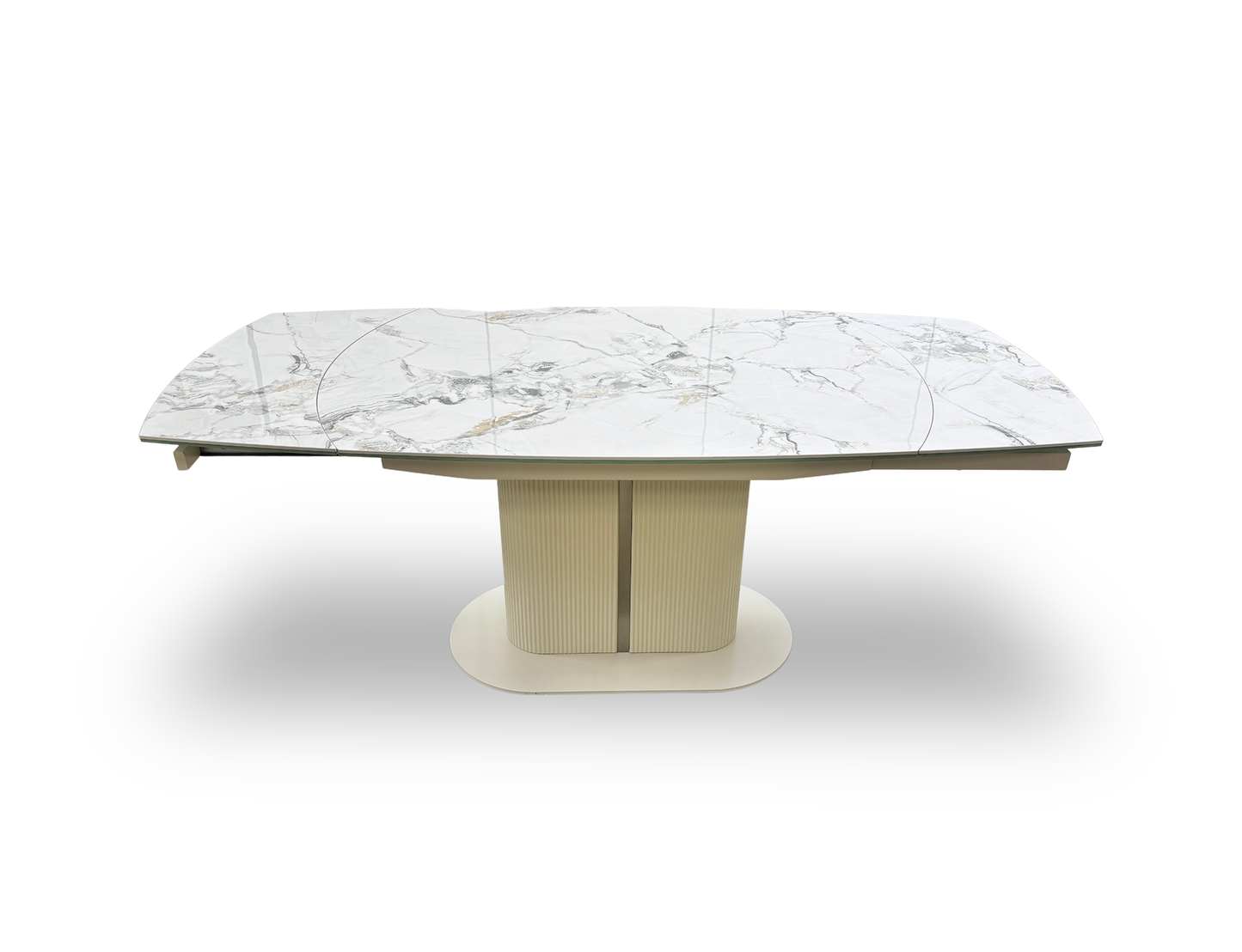 Front-facing view of the Avorio swivel extending dining table, showcasing its glossy white marble-effect ceramic top and a modern pedestal base with a fluted texture.