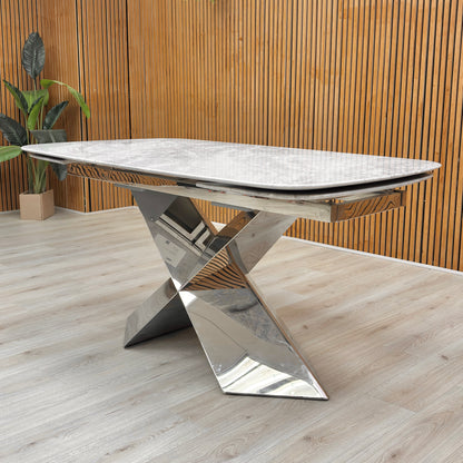Side view of the marble dining table showing the sleek surface and compact 150cm design.