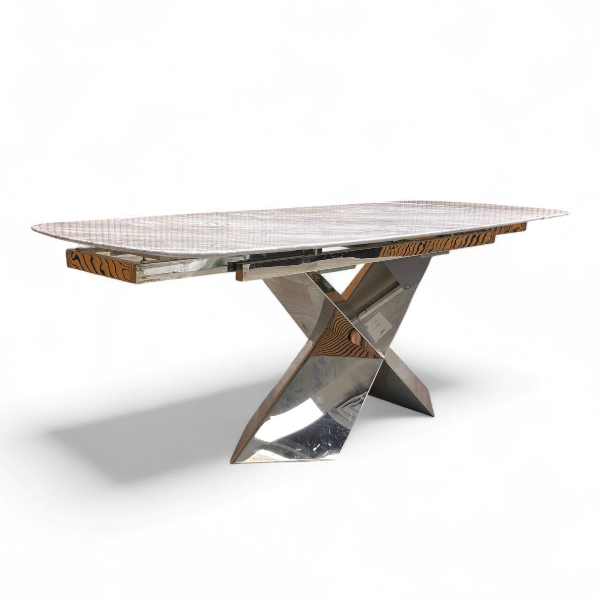Full view of Gabana 150cm small extending dining table featuring a real marble top and dark pedestal base.