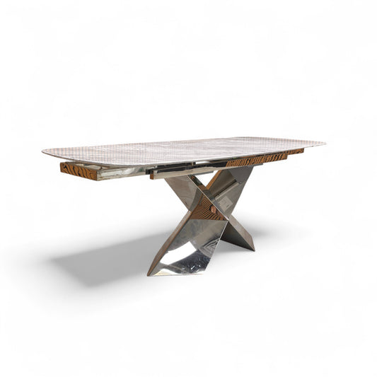 Full view of Gabana 150cm small extending dining table featuring a real marble top and dark pedestal base.