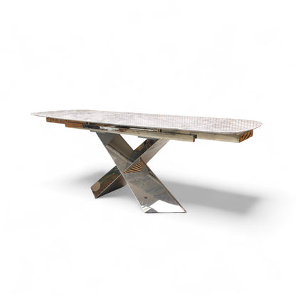 Side profile of the dining table emphasizing the sturdy pedestal support and modern silhouette.