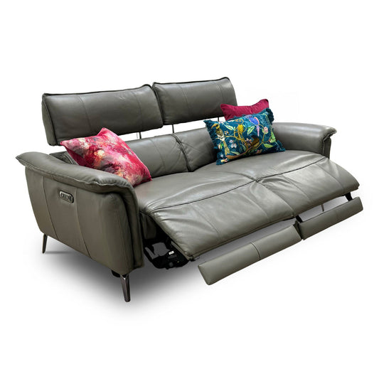 Full frontal view of the 'Jude' 3-seater power recliner sofa in Montana Elephant leather, showcasing its contemporary design.