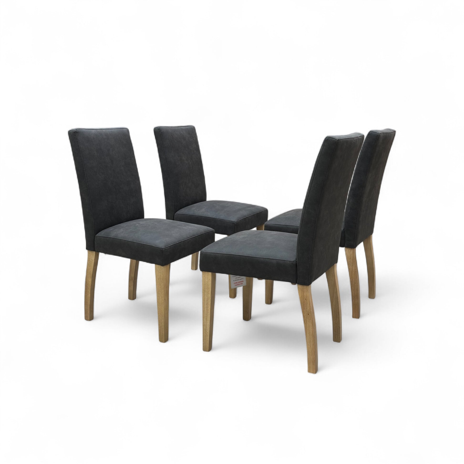 Full, frontal view of the Furnitureland 'Augusta' dining chair, upholstered in grey nubuck-look suede fabric with solid rubberwood legs.