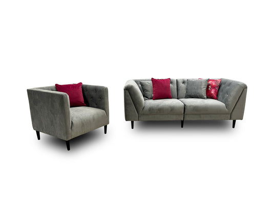 'Bridgerton’ Vader Slate All Over Etched Velvet 3 Seater Split Sofa + Accent Chair