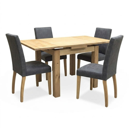 Furnitureland 'Augusta' Solid Oak Small Draw Leaf Dining Table with Grey Chair - Set of 4