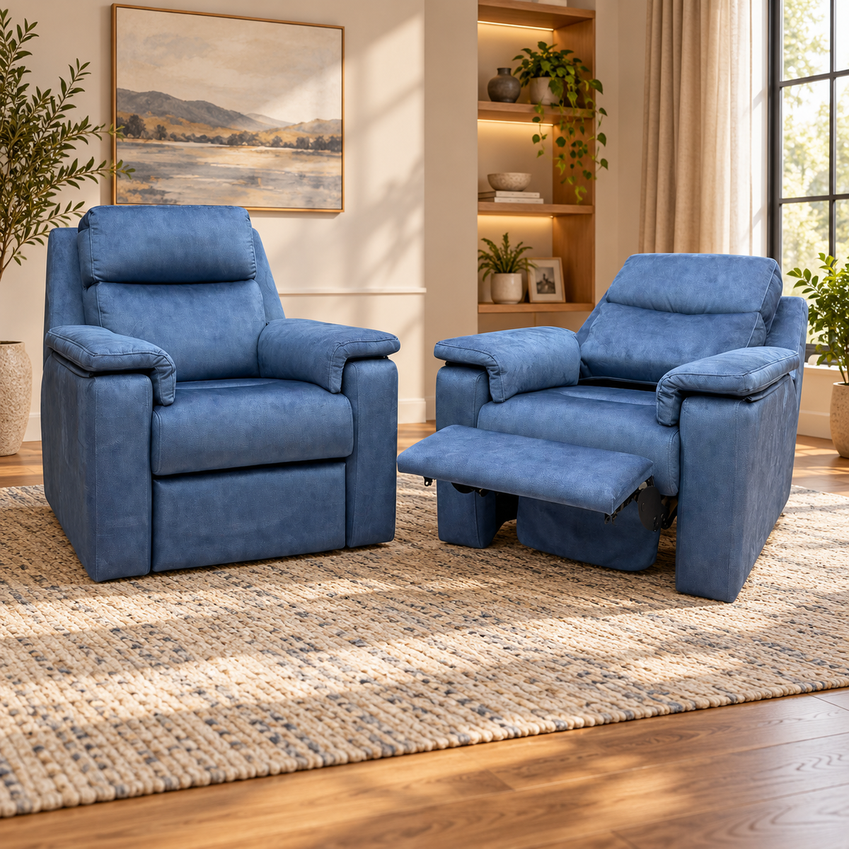 G Plan Thornbury indigo velvet recliner chair and armchair set in a living room on a woven rug, footrest raised