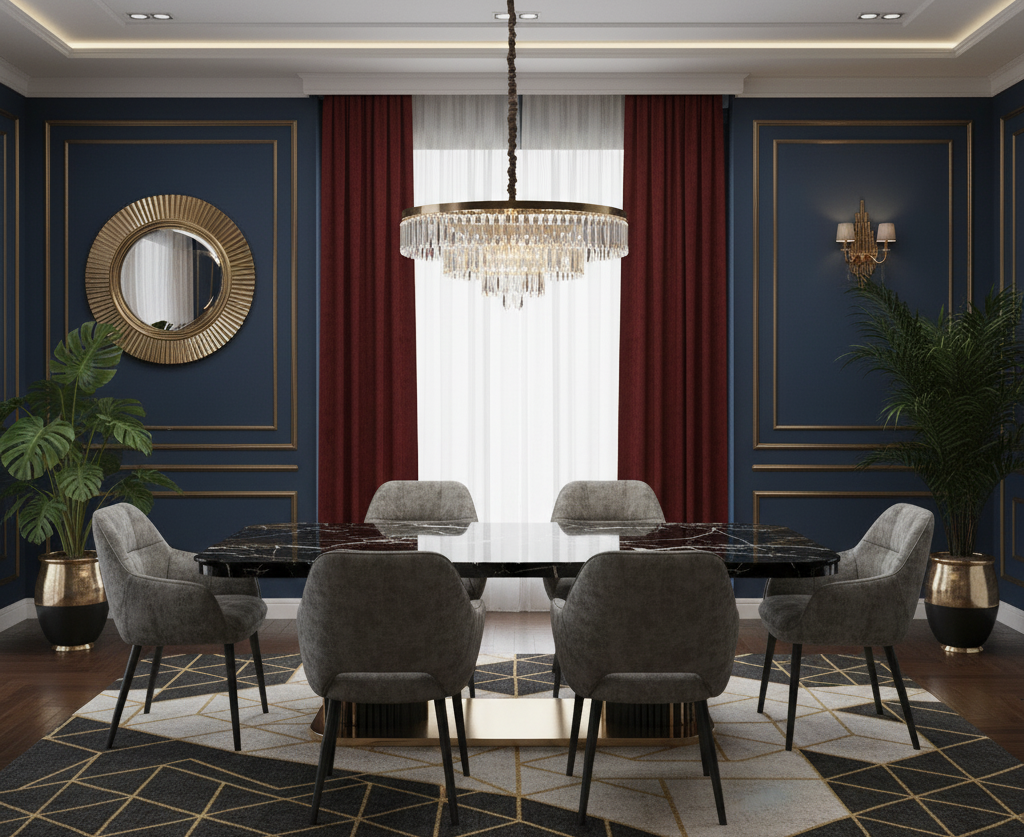 Elegant dining room with a chandelier, gray chairs, and decorative walls.