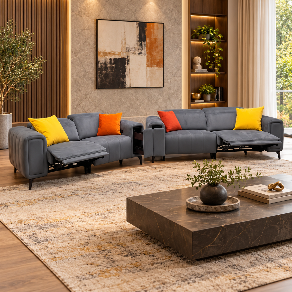 ‘Elphaba’ Opulence Granite Grey 51012 Velvet Fabric 3 + 2 Seater Power Recliner Sofa Set with Storage Arms