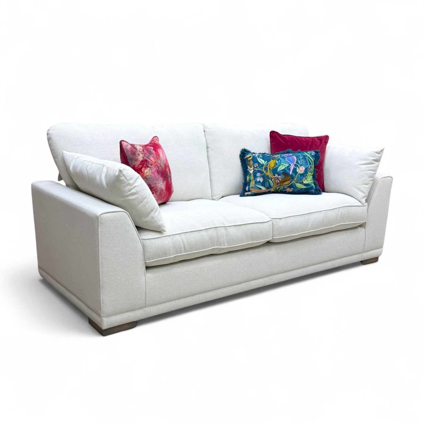 Full front view of the 'Dalton' 3 Seater Sofa in taupe Ashley fabric, featuring deep seats and flared armrests.