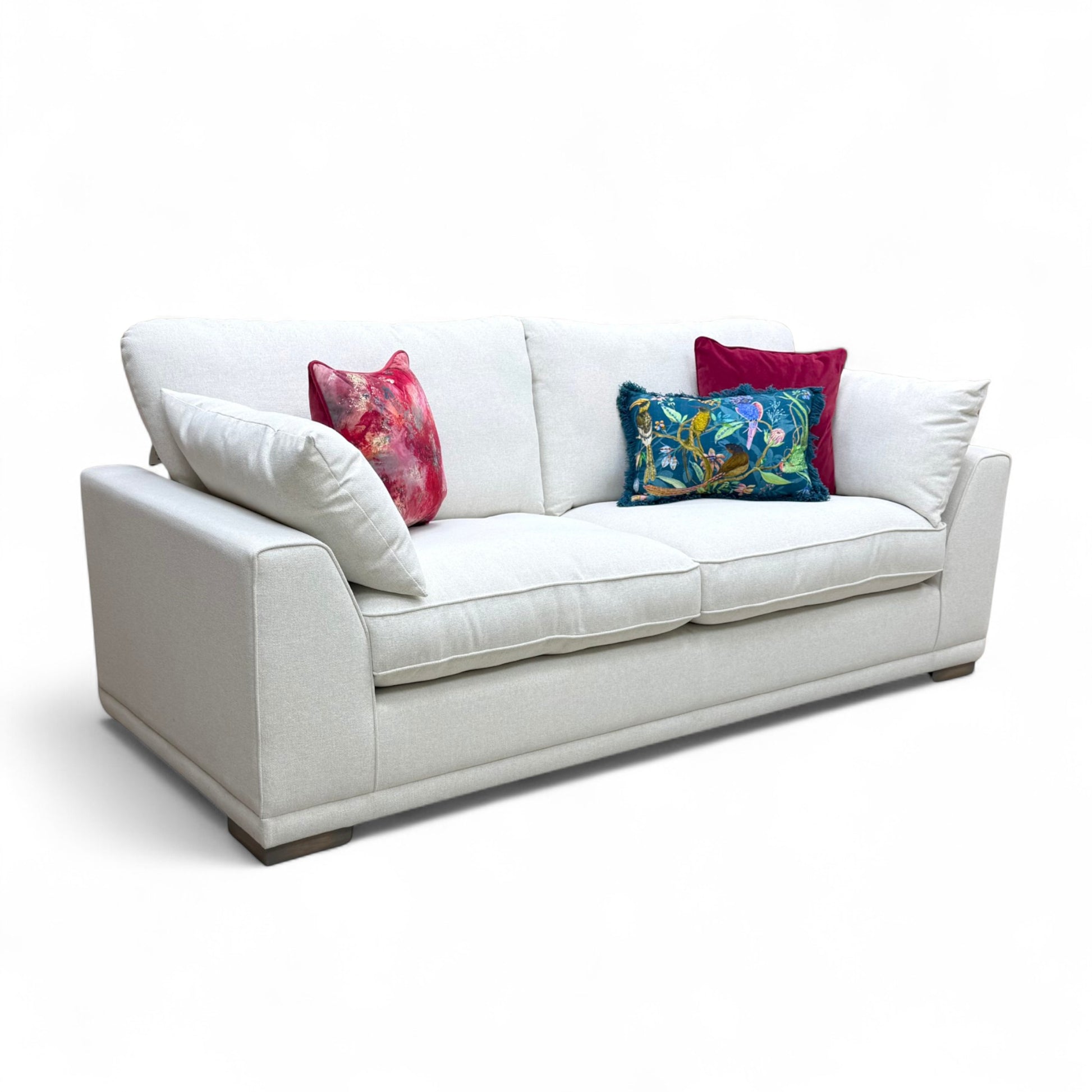 Full front view of the 'Dalton' 3 Seater Sofa in taupe Ashley fabric, featuring deep seats and flared armrests.