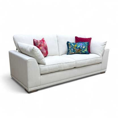 Full front view of the 'Dalton' 3 Seater Sofa in taupe Ashley fabric, featuring deep seats and flared armrests.