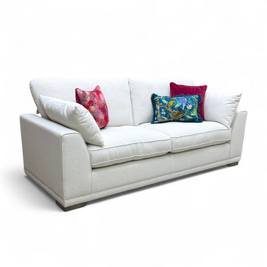 Full front view of the 'Dalton' 3 Seater Sofa in taupe Ashley fabric, featuring deep seats and flared armrests.