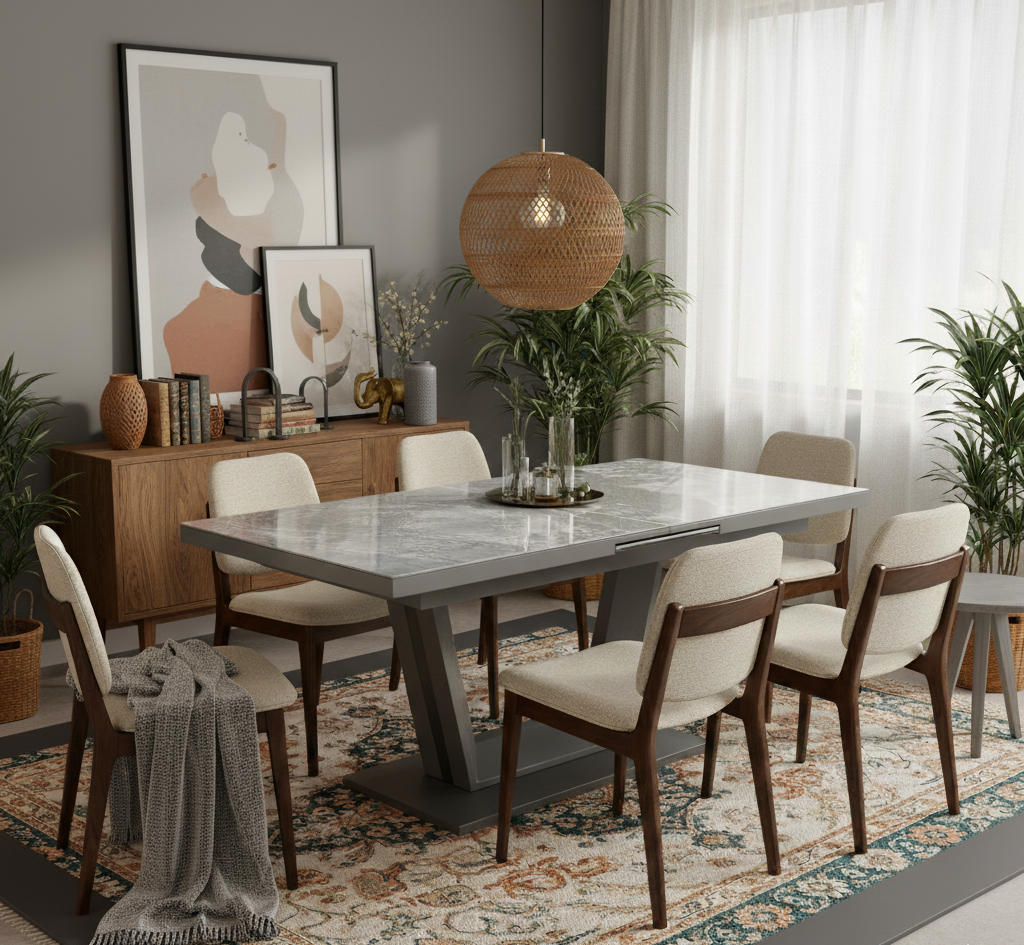 Dining room with marble table and wooden chairs, featuring a decorative rug and wall art.