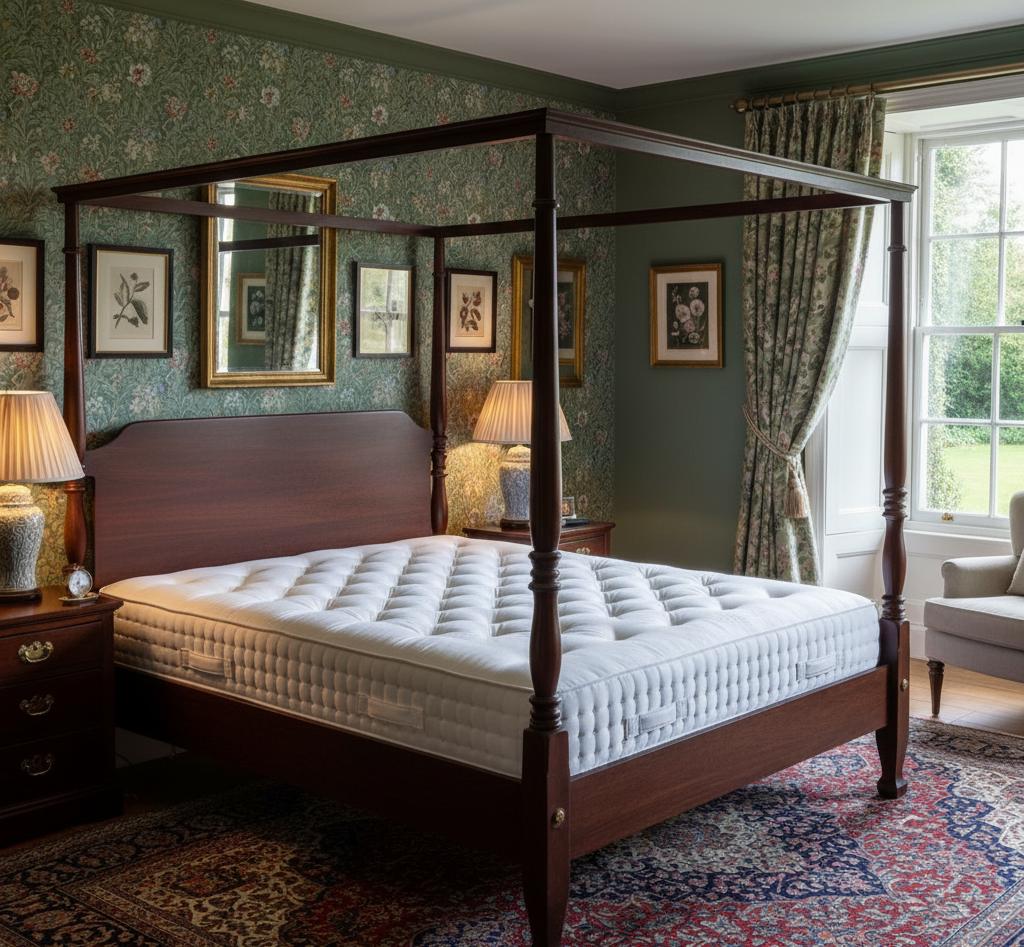 Bedroom with a four-poster bed, wooden headboard, and decorative wallpaper.