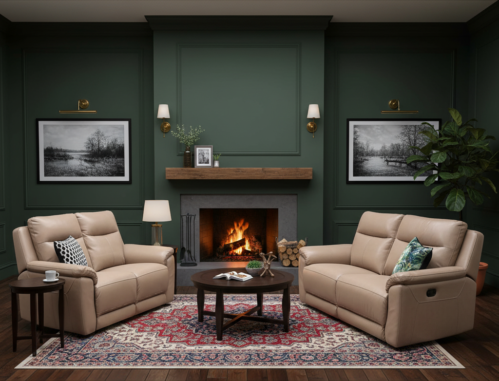 Living room with beige sofa set, fireplace, and decorative elements.