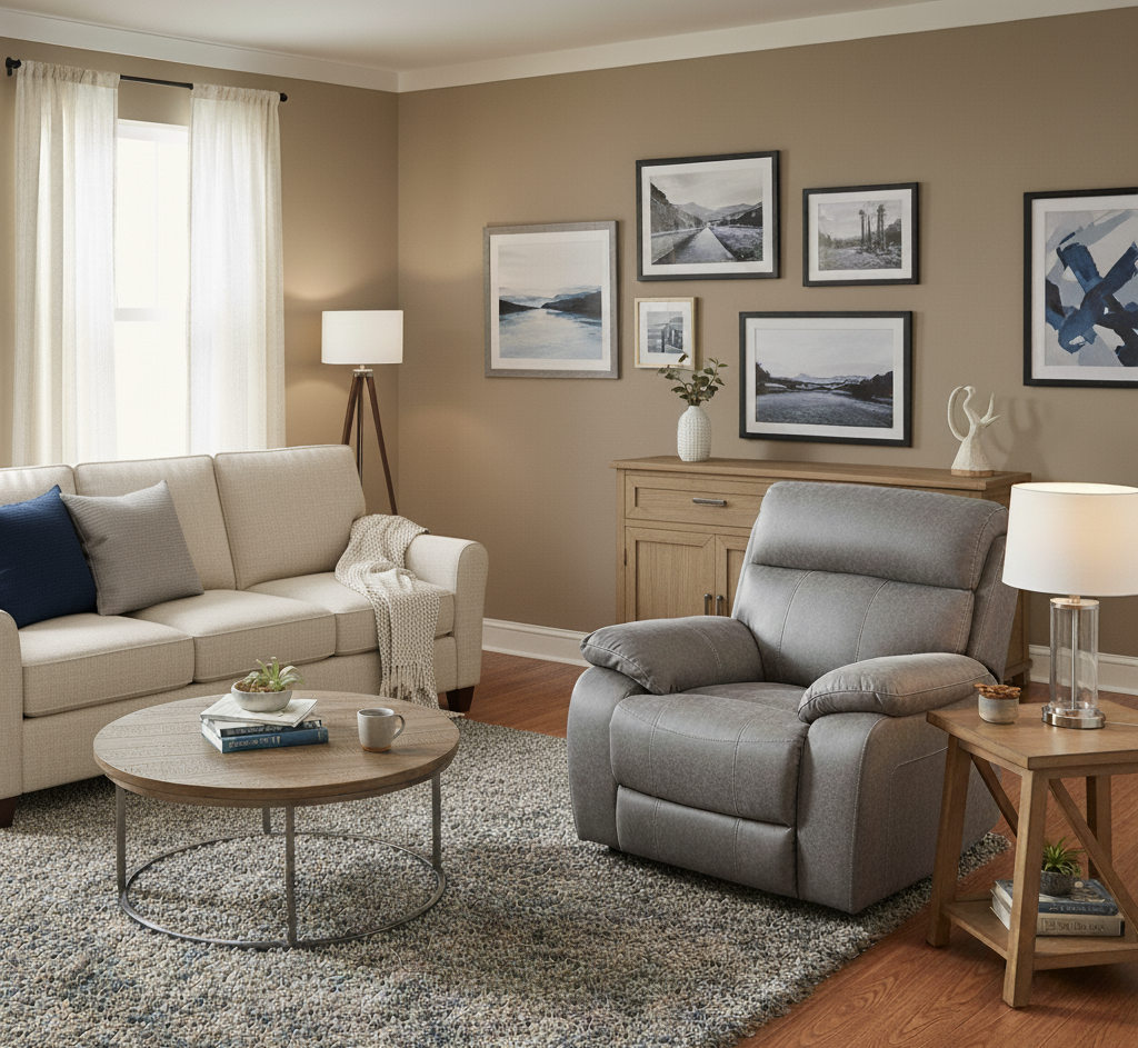 Living room with a gray recliner chair, beige sofa, and wooden coffee table.