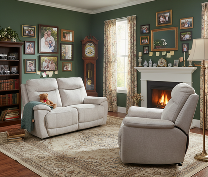 Living room with gray recliner sofa, armchair, and fireplace.