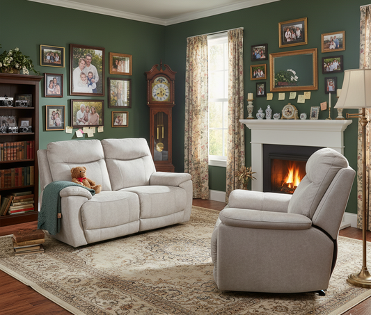 Living room with gray recliner sofa, armchair, and fireplace.